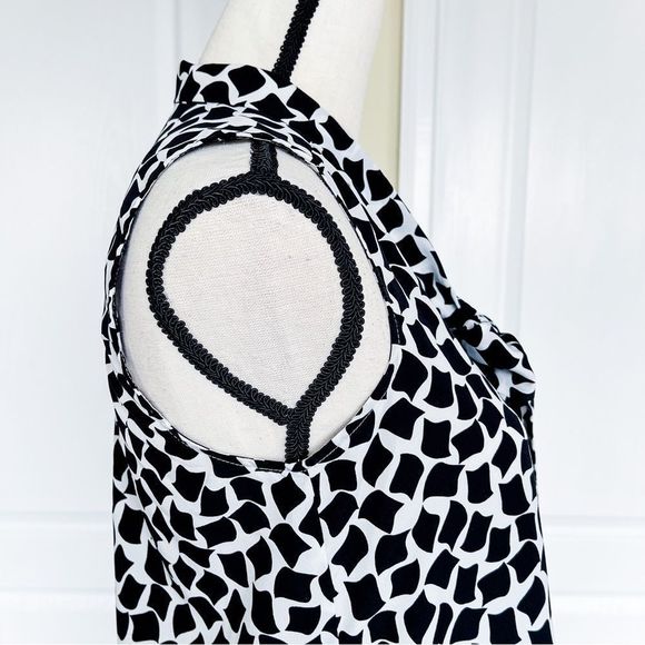 Cece 0 Black White Floating Rhombus Bow Tie Neck Ruffle Back Sleeveless Dress - Picture 7 of 15